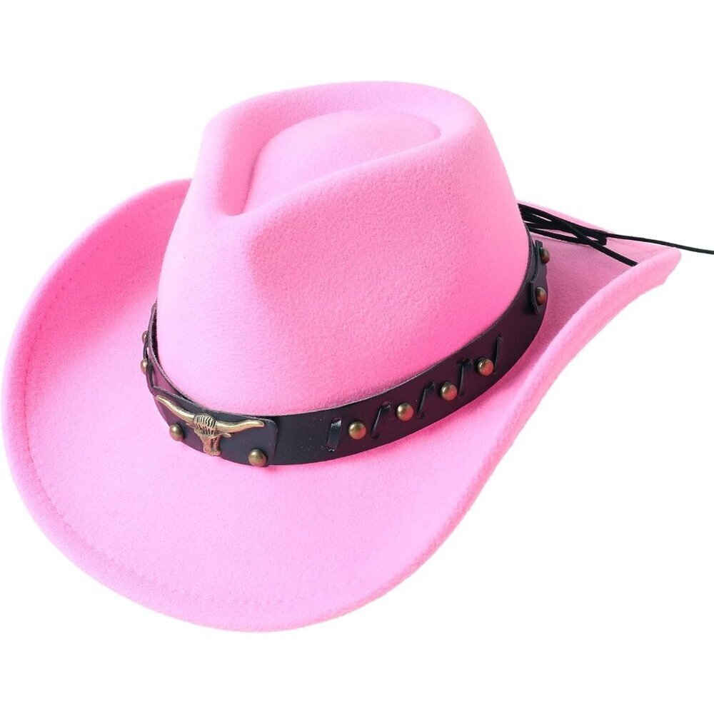 Kid's Pink Western Studded Leather Bull Skull Band Classic Fedora Cowboy Hat